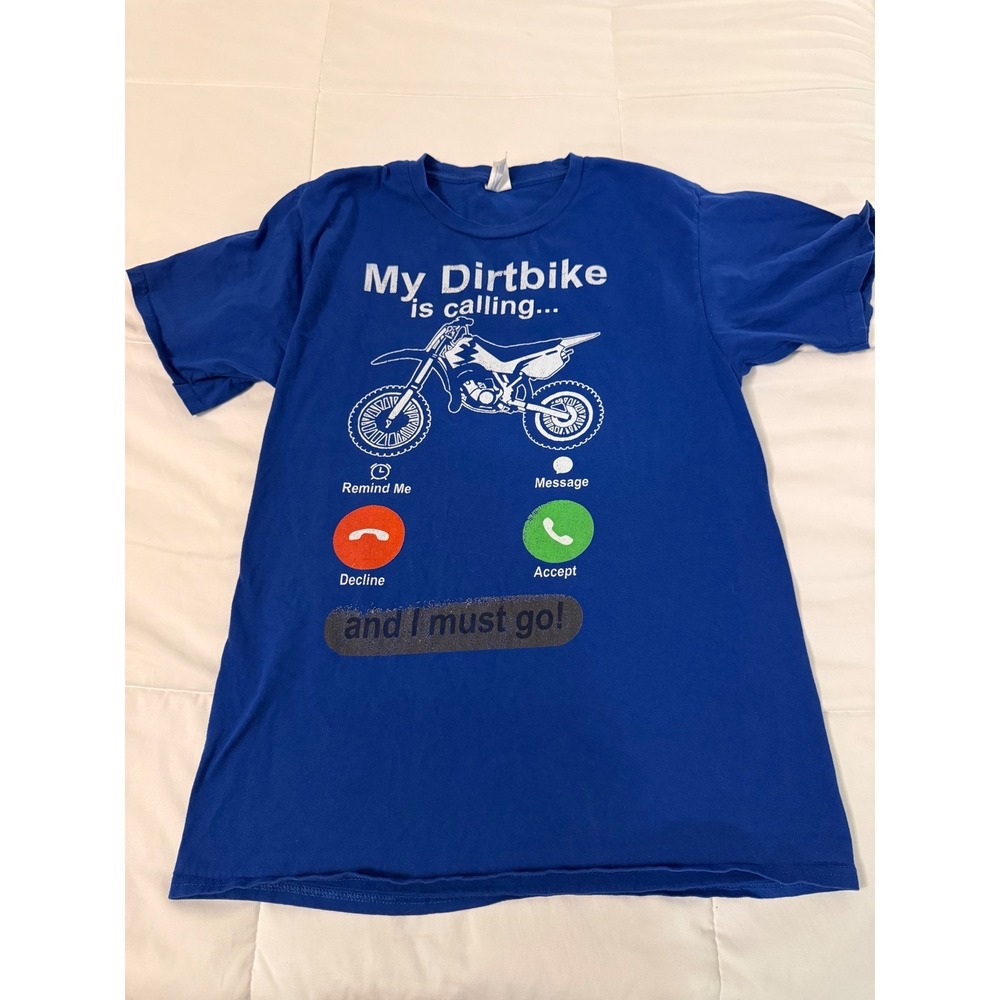 Port & Company Mens Blue Dirtbike Is Calling Graphic T-Shirt Medium MotocrossTee